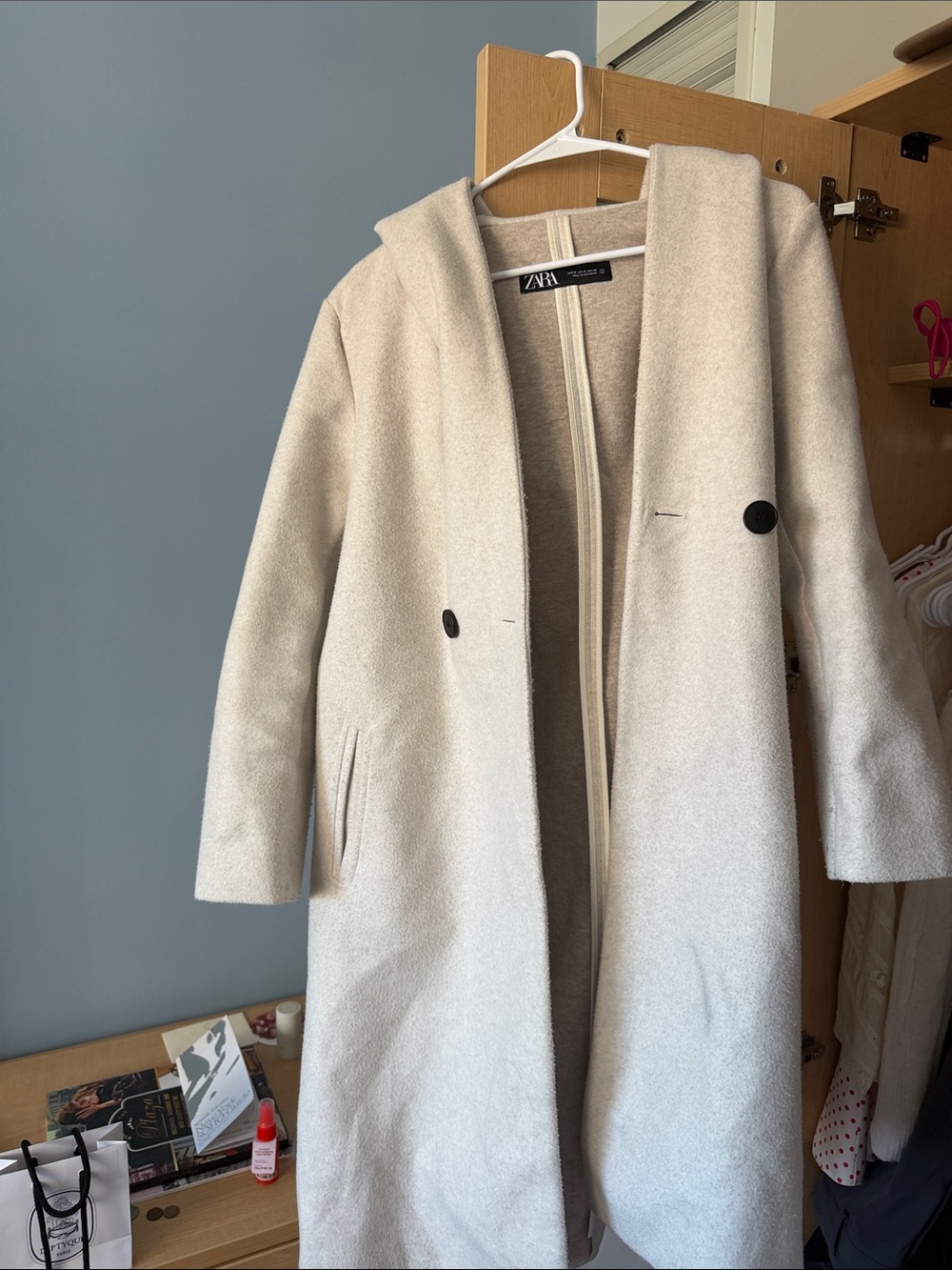 Zara Cream Hooded Long Coat with Black Buttons